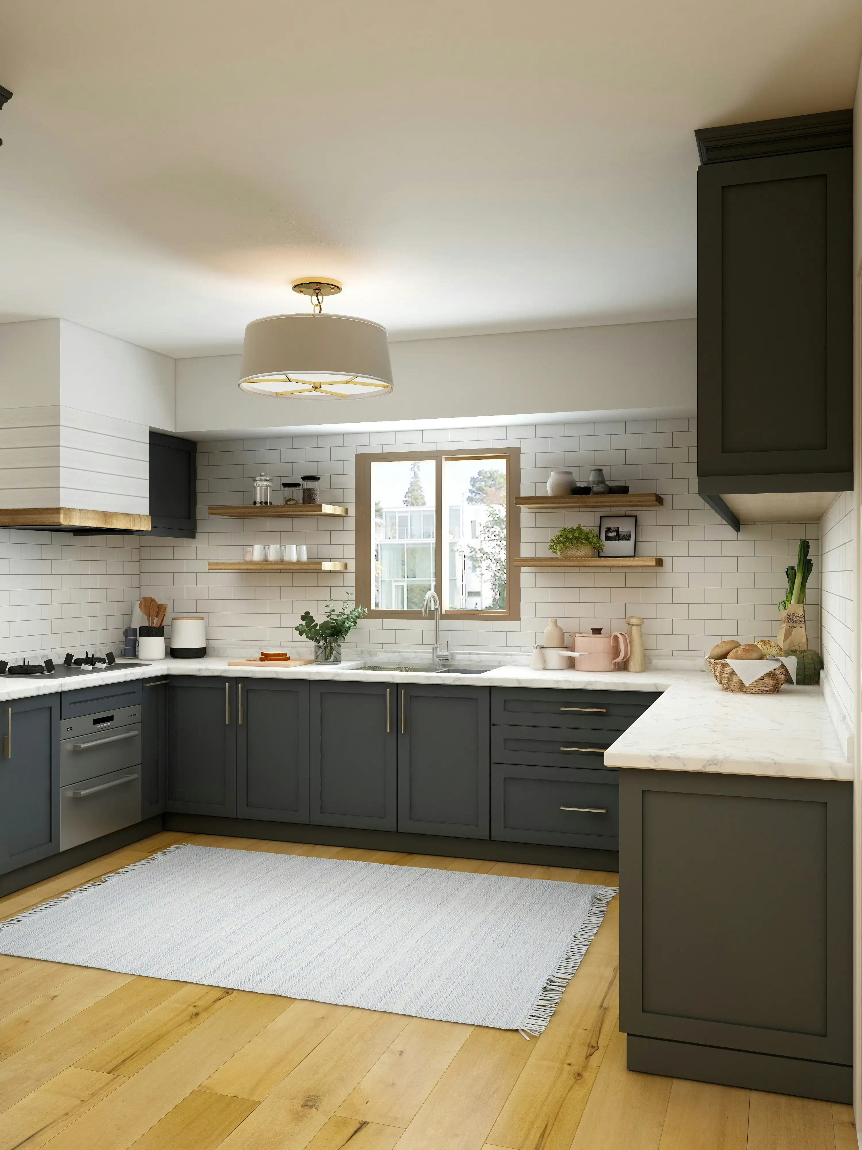 Monochrome kitchen with white counter-tops and dark kitchen cabinets