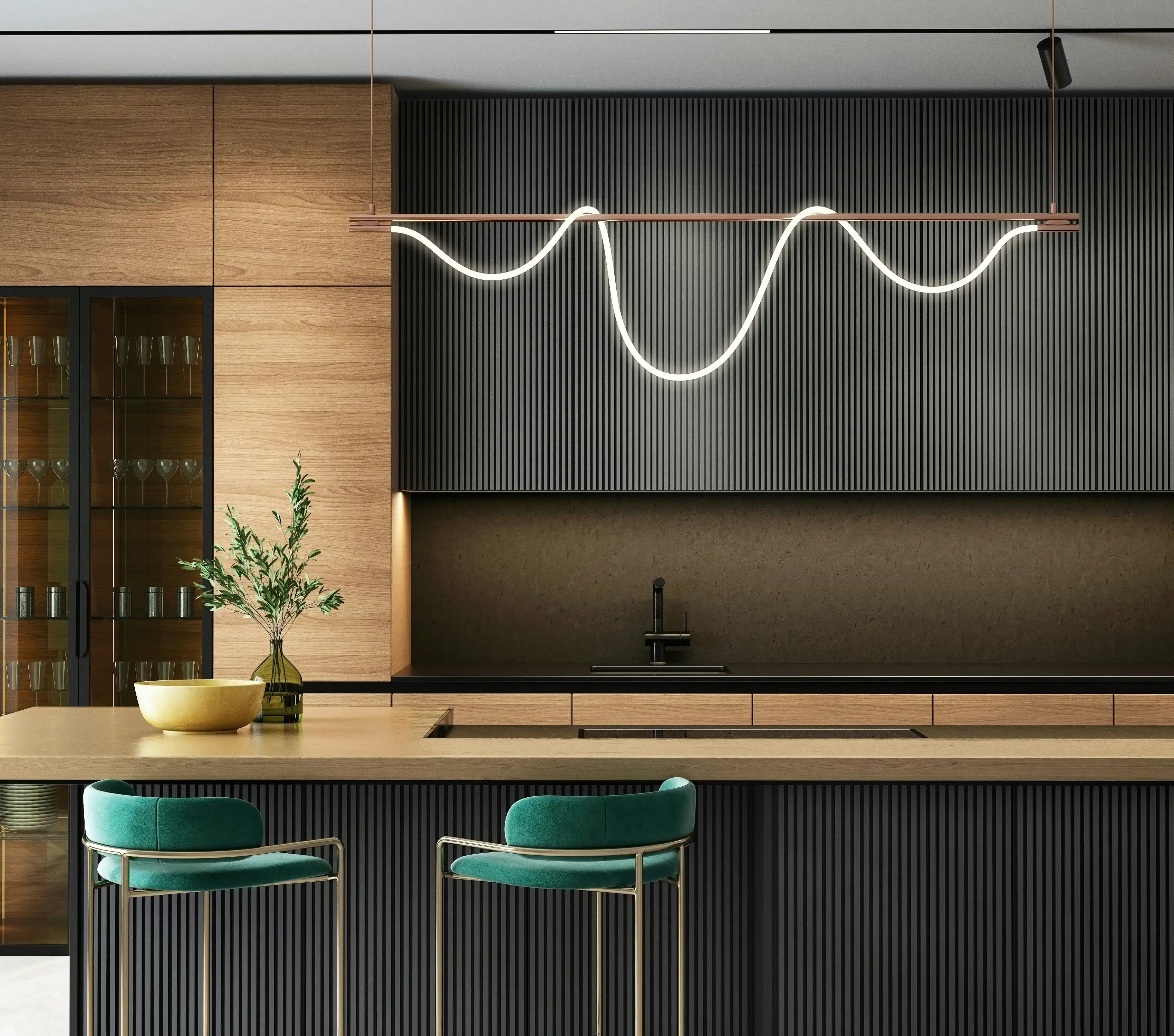 Modern kitchen with a dark and woody theme, minimal lines and a wine cooler