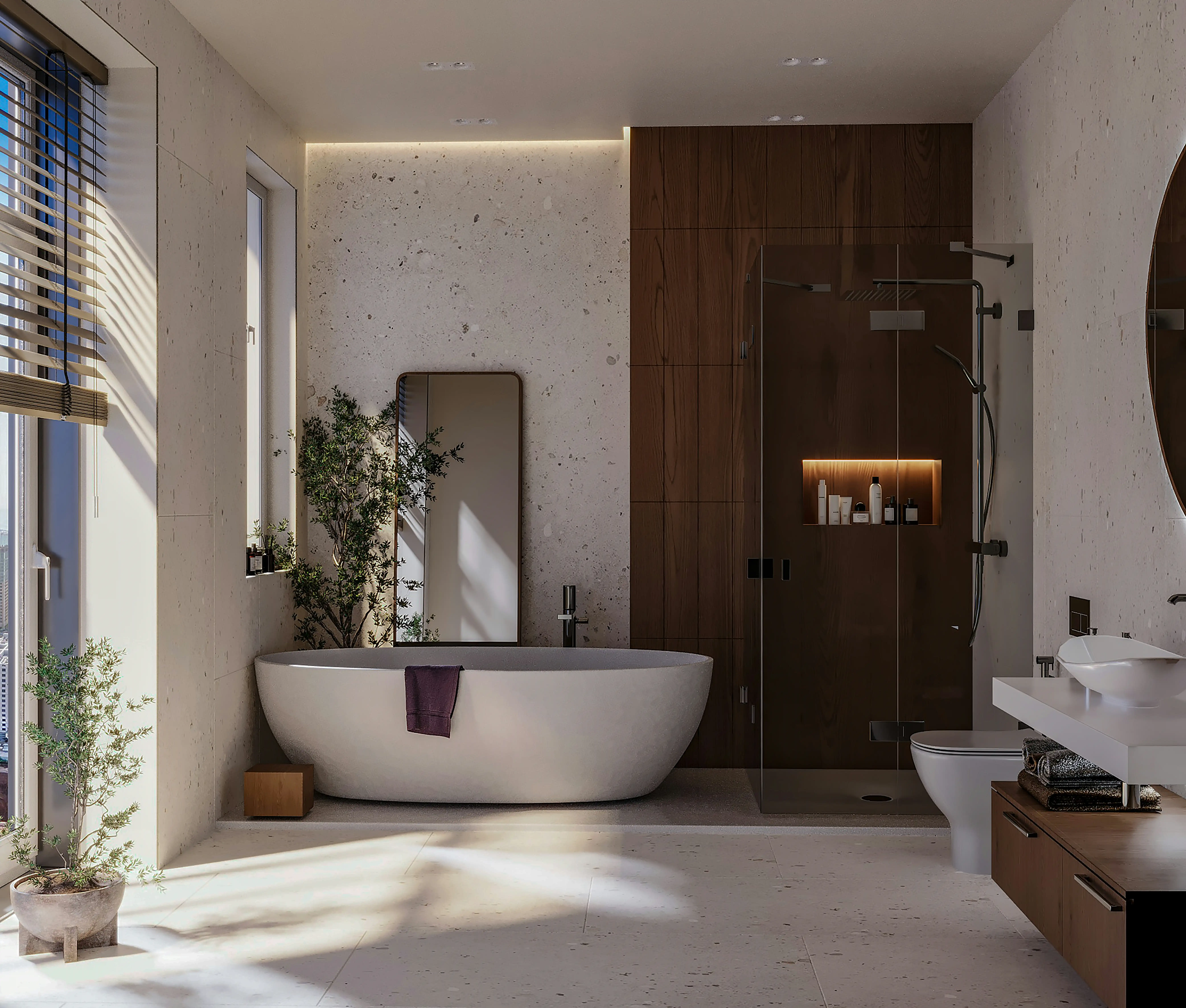 A wooden and open plan bathroom with bathtub and large window for natural light